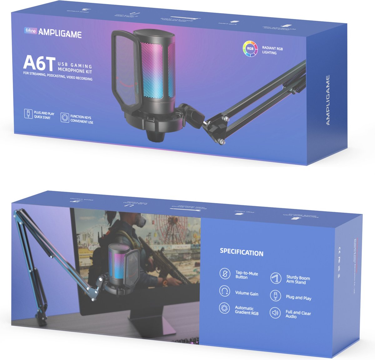 Twee dozen van de Fifine Ampligame A6T microfoonkit. Eén doos toont de microfoon, de andere een man met een geweer op een monitor.