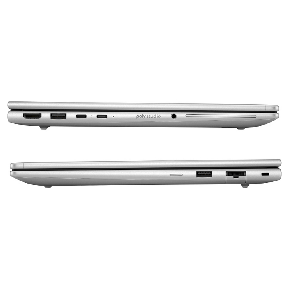 Due laptop argentati visti di profilo. Le porte e il logo 'poly studio' sono visibili sul laptop superiore.