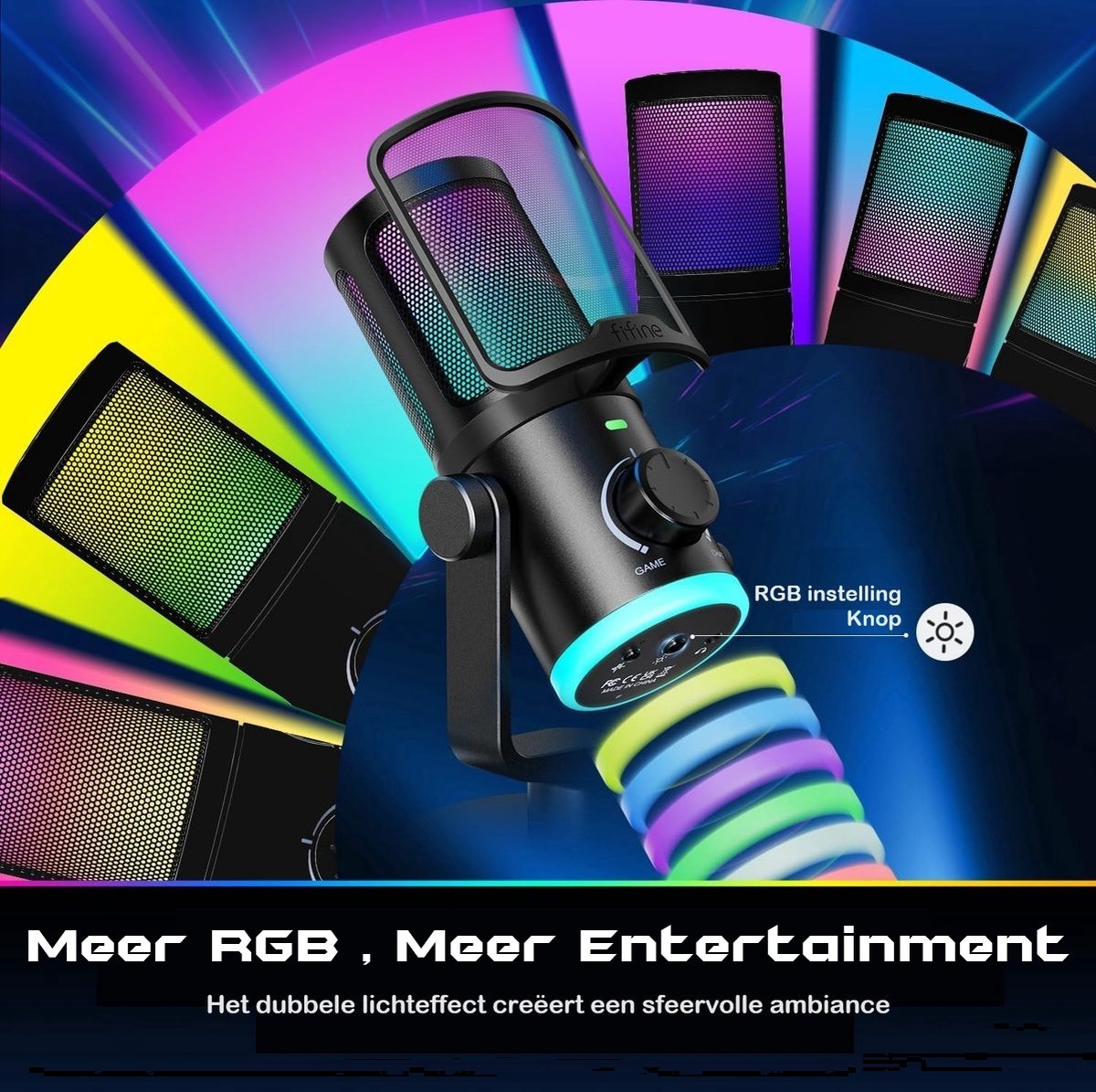 Een zwarte microfoon met RGB-verlichting. Het wordt omringd door verschillende andere microfoons met kleurrijke lichten, en tekst onderaan.