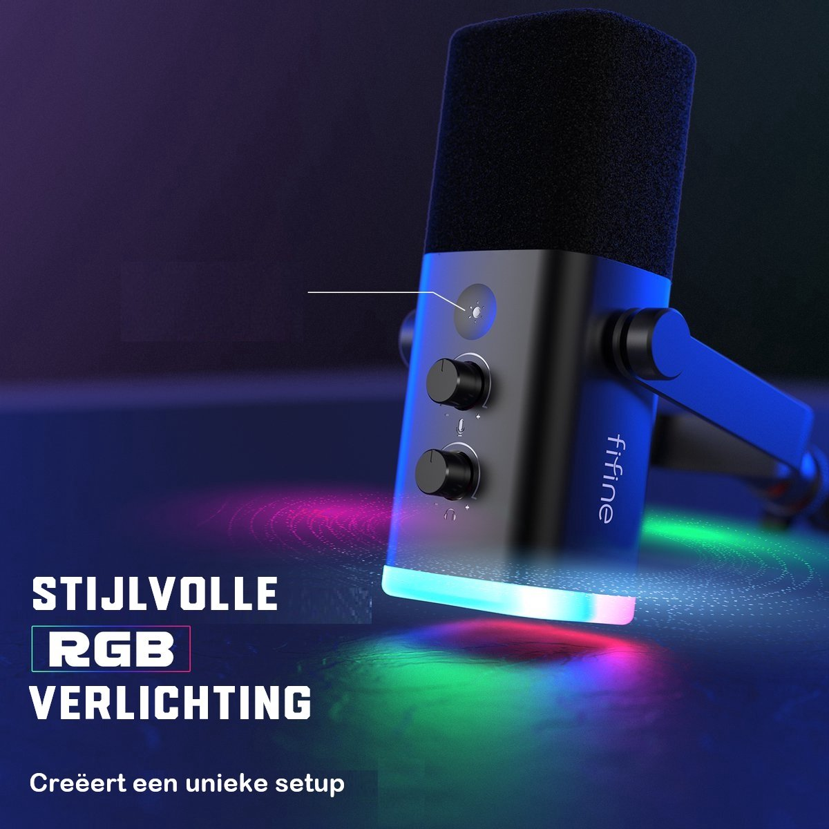 Een zwarte microfoon met RGB-verlichting. De microfoon heeft knoppen en een 'Fifine'-logo. De tekst zegt 'Stijlvolle RGB-verlichting'.