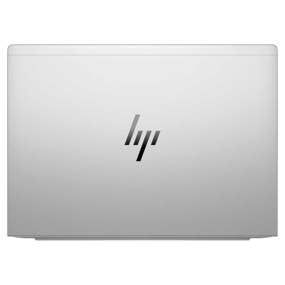 Laptop argentato chiuso con il logo HP al centro. Il laptop è su sfondo bianco.