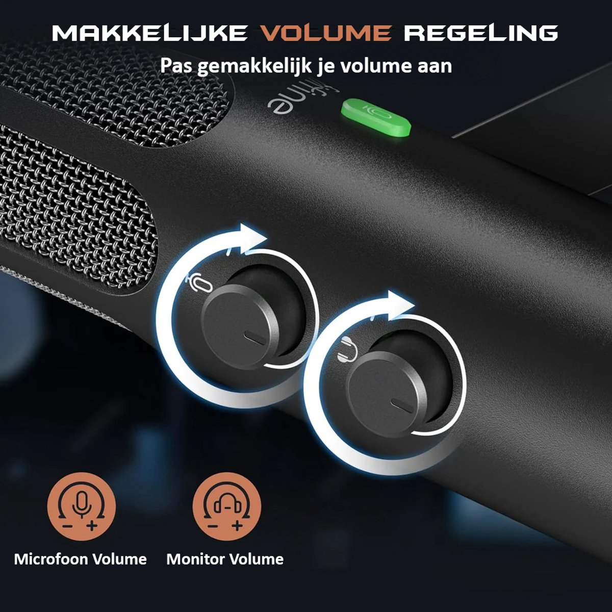 Close-up van een zwarte microfoon met volumeknoppen. Tekst geeft 'Microfoon Volume' en 'Monitor Volume' aan. Pijlen tonen de richting.