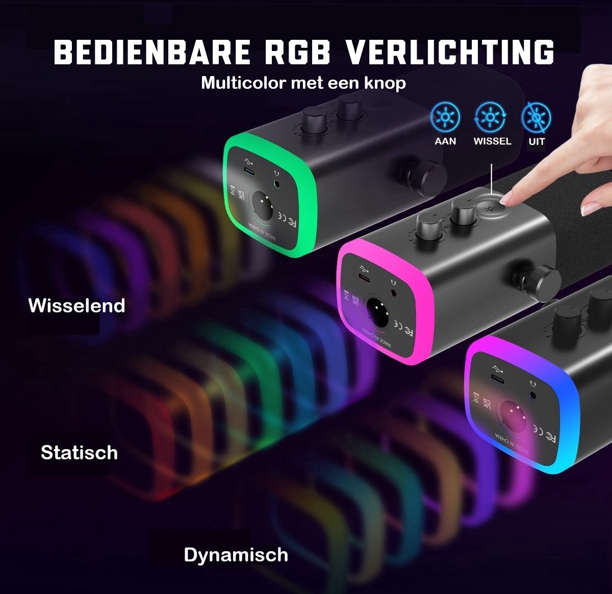 Afbeelding toont drie zwarte RGB-lampen met gekleurde randen. Een hand drukt op een knop. Kleurrijke lichtsporen staan eronder.