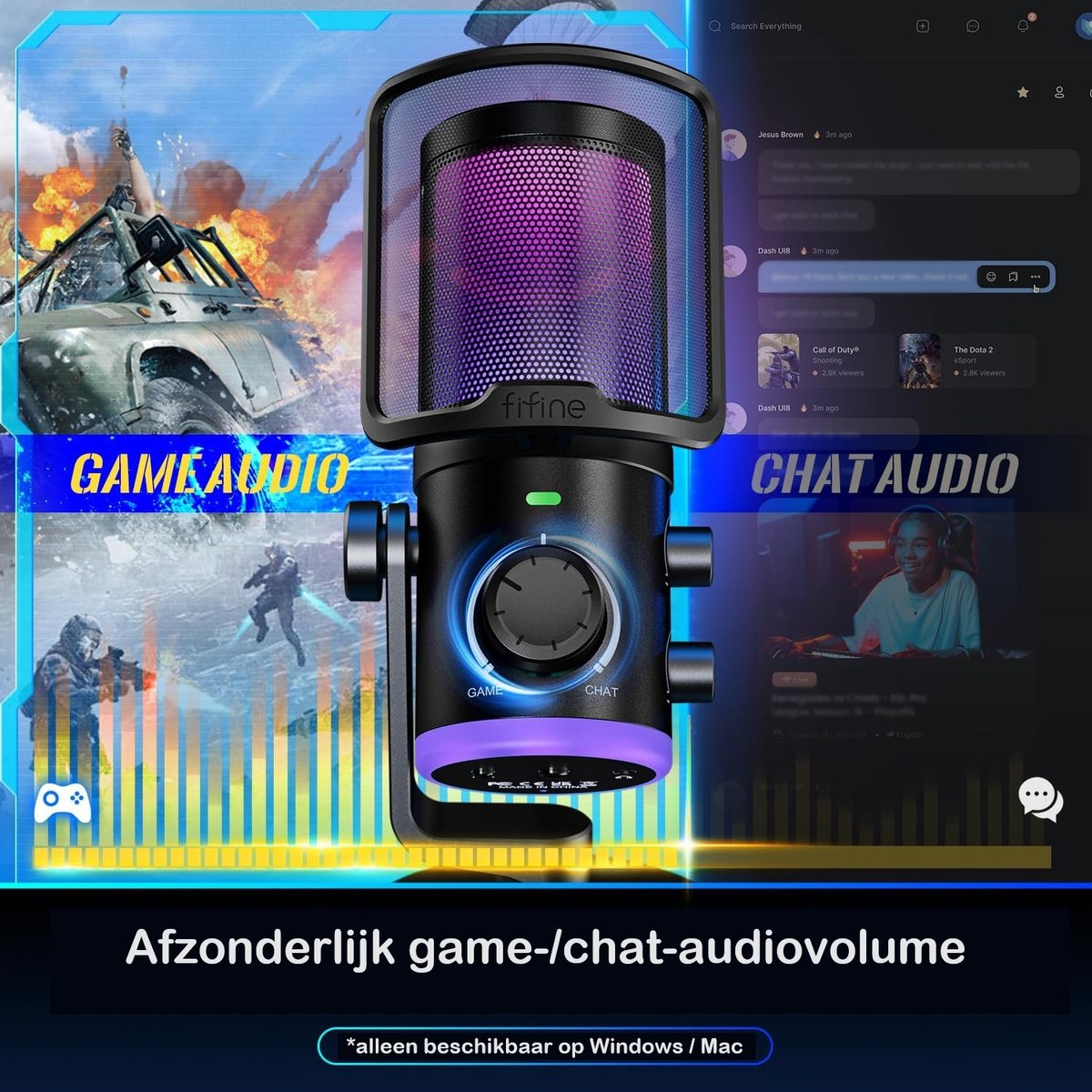 Een Fifine-microfoon met game- en chatvolume-regelaars, afbeeldingen van een brandende auto en een gamer.