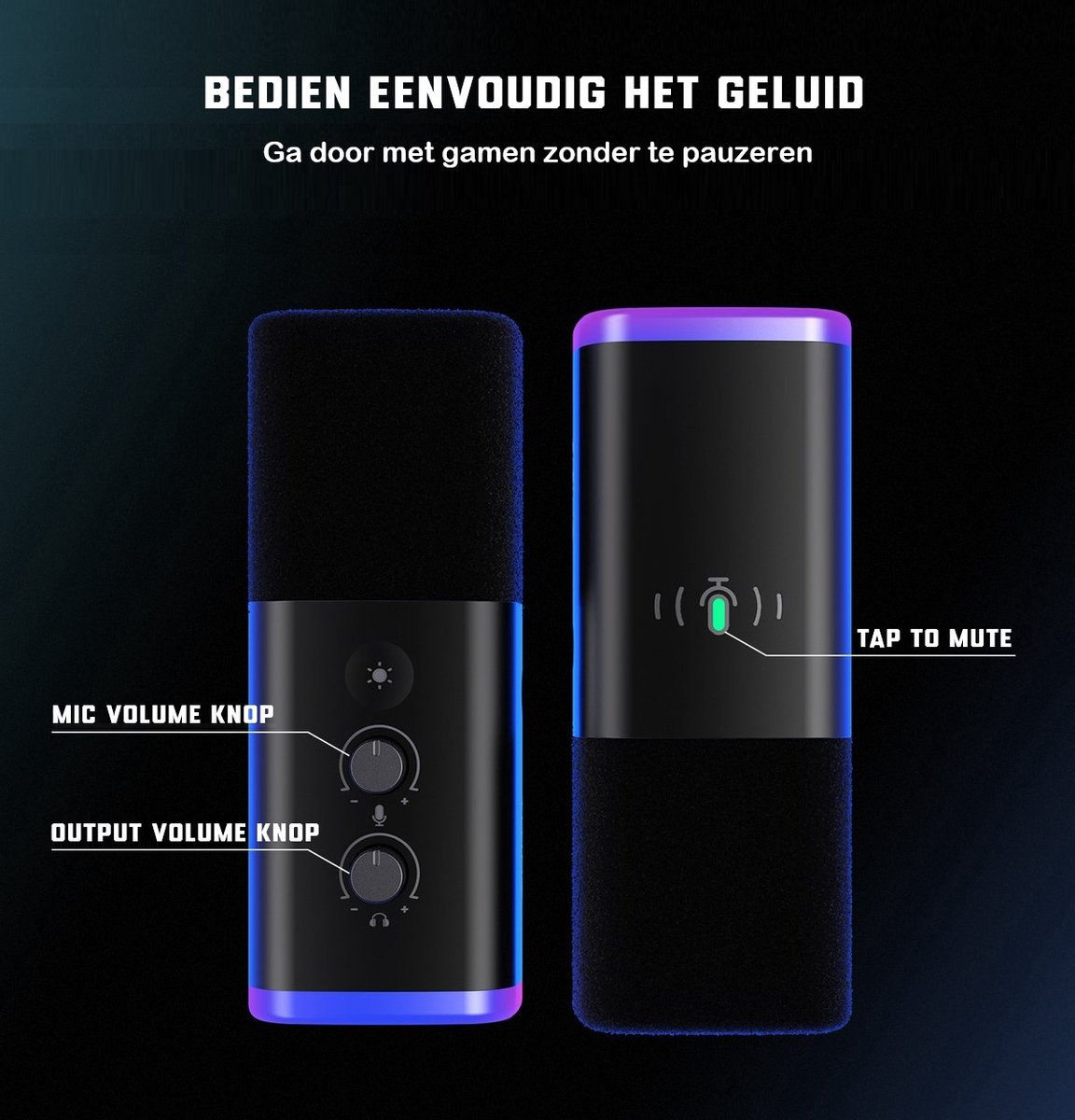 Twee zwarte microfoons met blauwe en paarse lichtaccenten. Teksten geven volume- en mute-bediening aan.