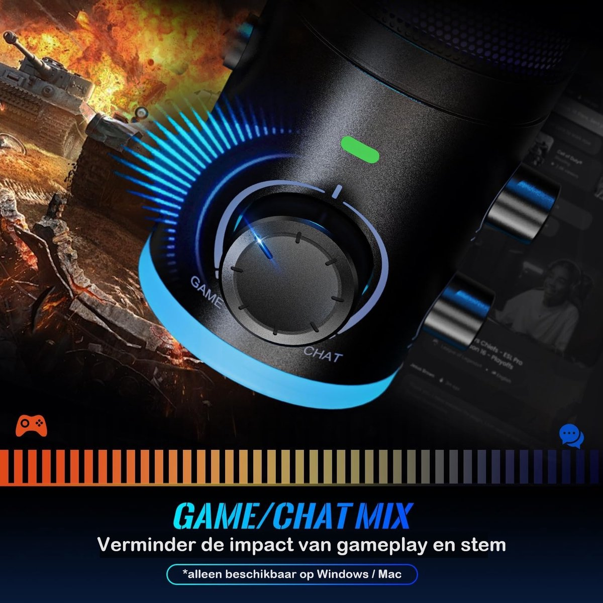 Een gaming microfoon met draaiknop voor game/chat mix. Achtergrond: tanks en een persoon op een scherm. Tekst: GAME/CHAT MIX.