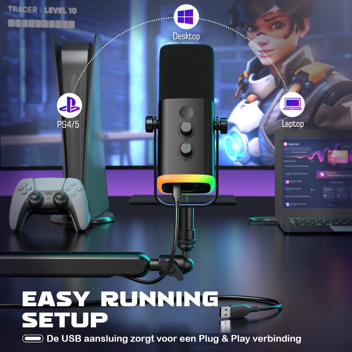 Een gaming-setup met een microfoon, PS5, laptop- en desktop-iconen. Tekst: 'Easy Running Setup'. USB voor plug & play-verbinding.