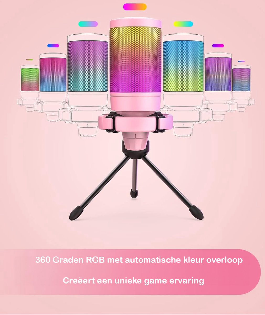 Roze microfoon met kleurrijke lichten op een zwart statief. Meerdere microfoons worden weergegeven met een roze achtergrond.