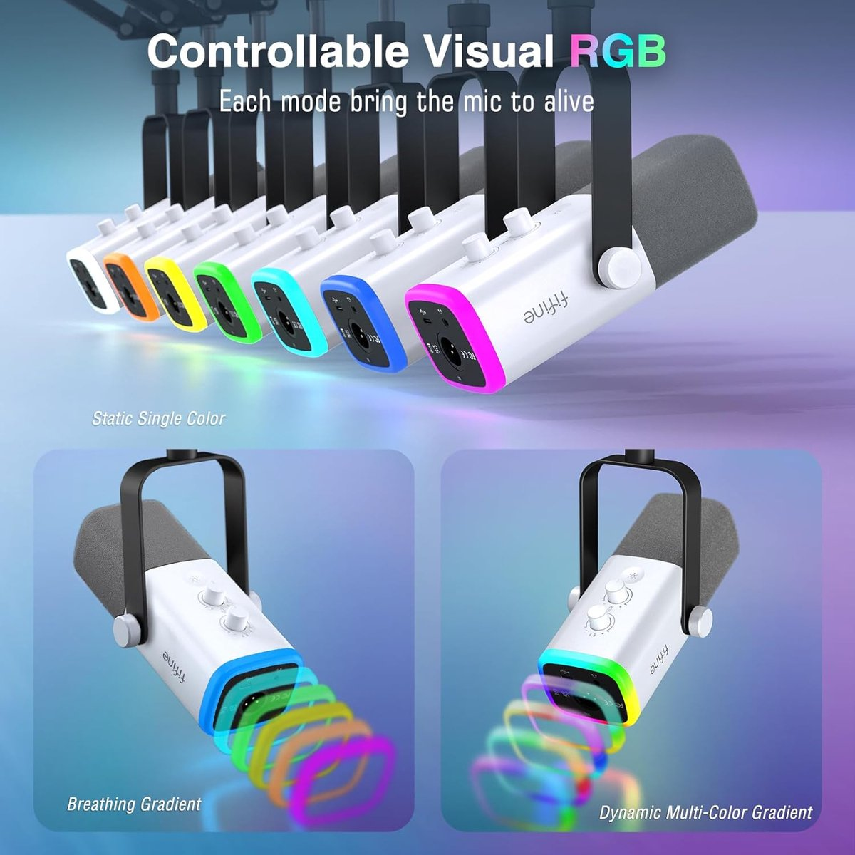 Afbeelding toont microfoons met RGB-verlichting. Verschillende kleuren worden weergegeven, met opties voor ademhalings- en dynamische verlopen.