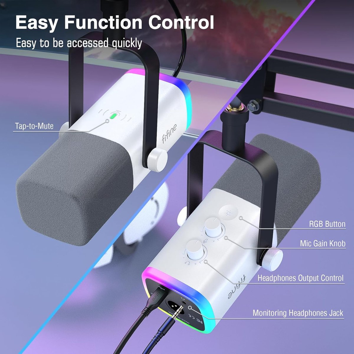 Twee microfoons met witte behuizingen en grijze schuimcovers. Ze hebben bedieningselementen en kleurrijke RGB-verlichting. Gelabeld: Tap-to-Mute, RGB-knop, Mic Gain Knob.