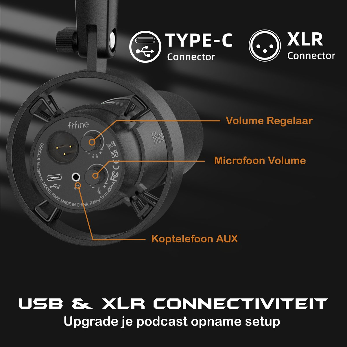 Gros plan d'un microphone avec connecteurs Type-C et XLR. Les étiquettes indiquent le contrôle du volume et AUX casque.