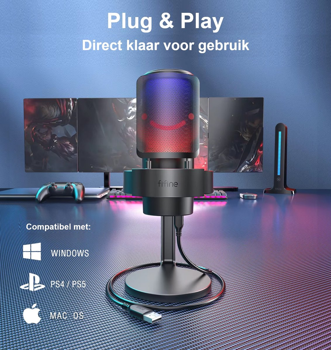 Een microfoon met een lachend gezicht, ondersteund door een standaard. Compatibiliteit met Windows, PS4/PS5 en Mac OS wordt aangegeven.