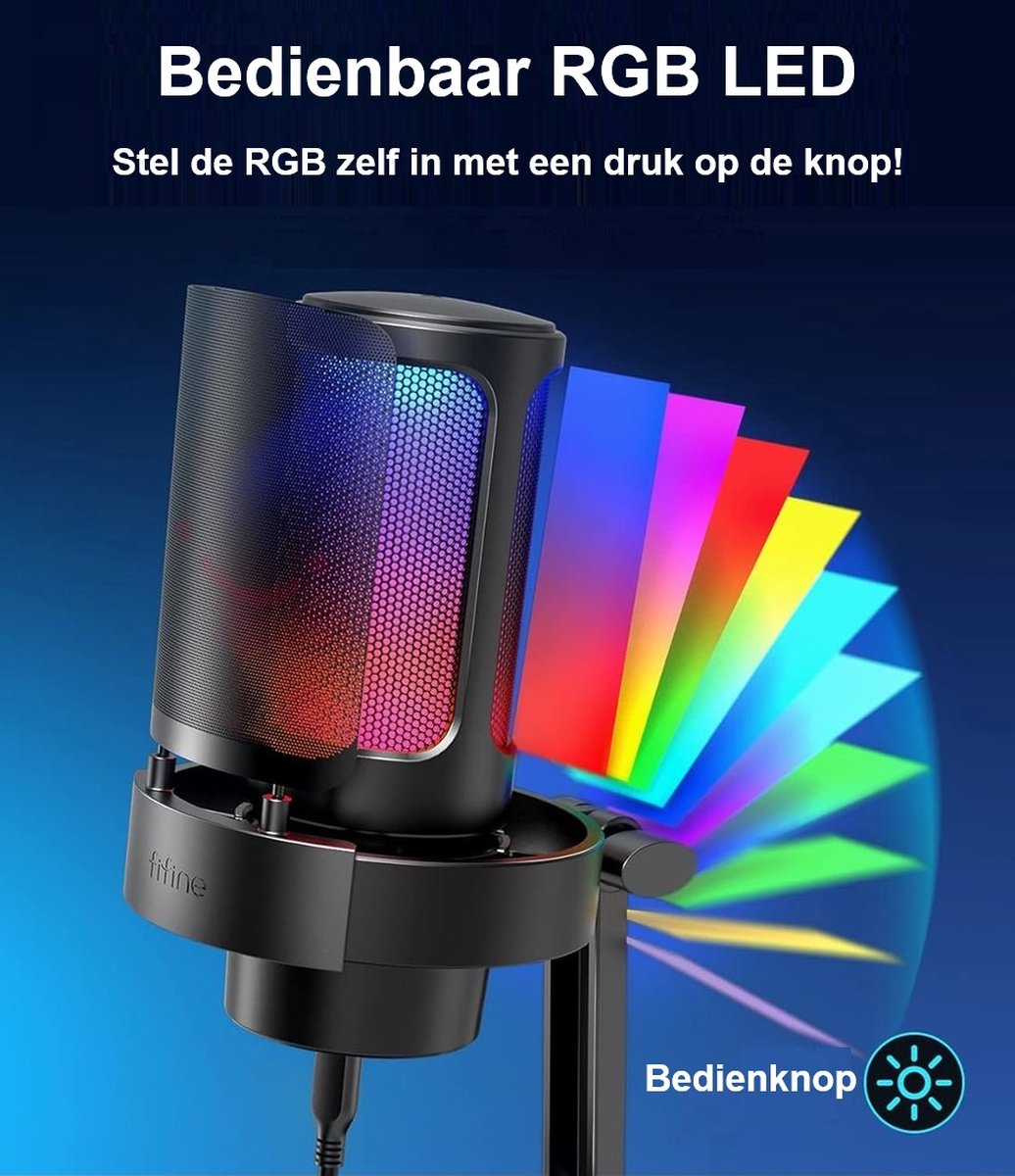 Een zwarte microfoon met RGB LED-verlichting, die verschillende kleuren weergeeft. De afbeelding toont ook een knop om de lichten te bedienen.