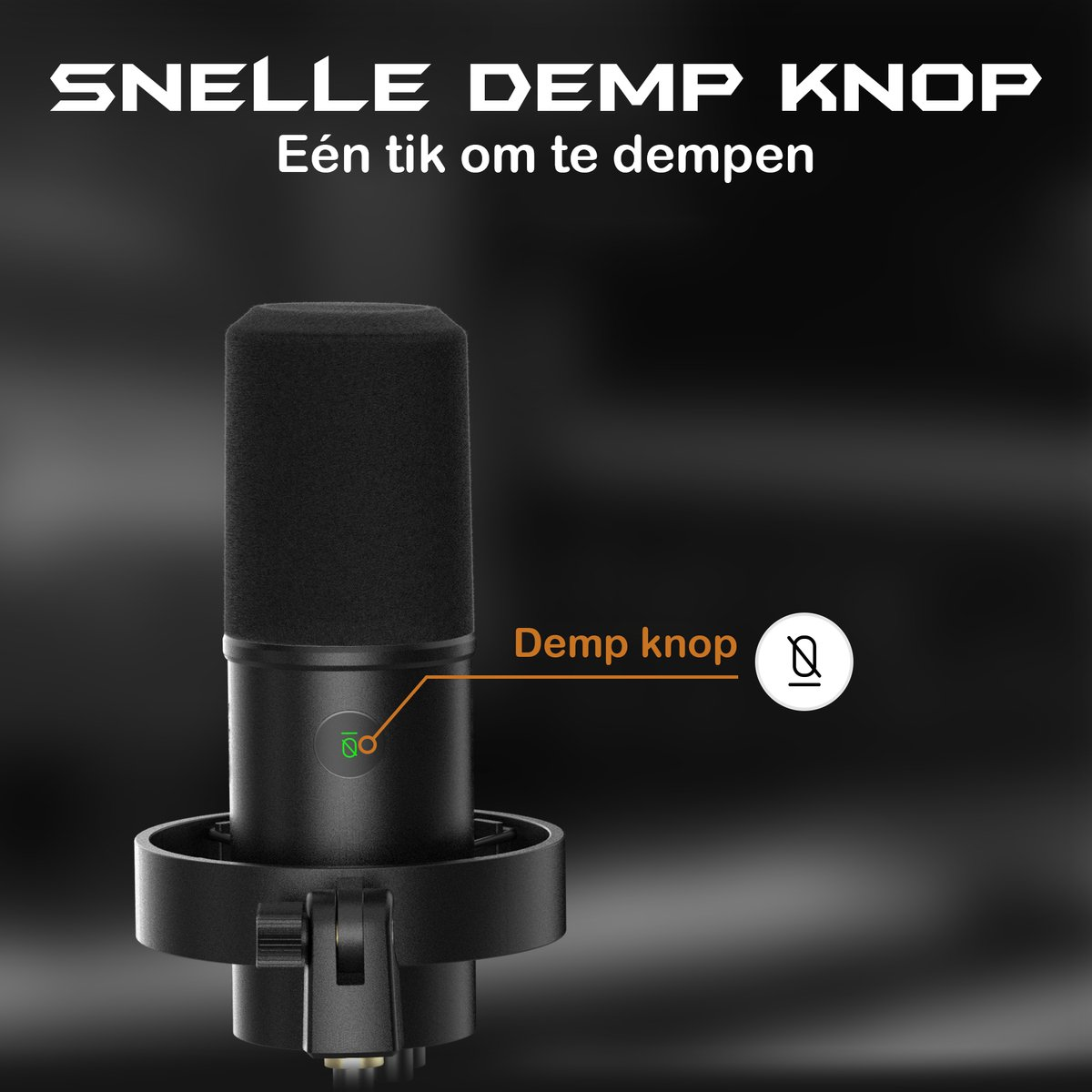 Un microphone noir avec une housse en mousse. Texte : 'SNELE DEMP KNOP'. Bouton étiqueté 'Demp knop'.