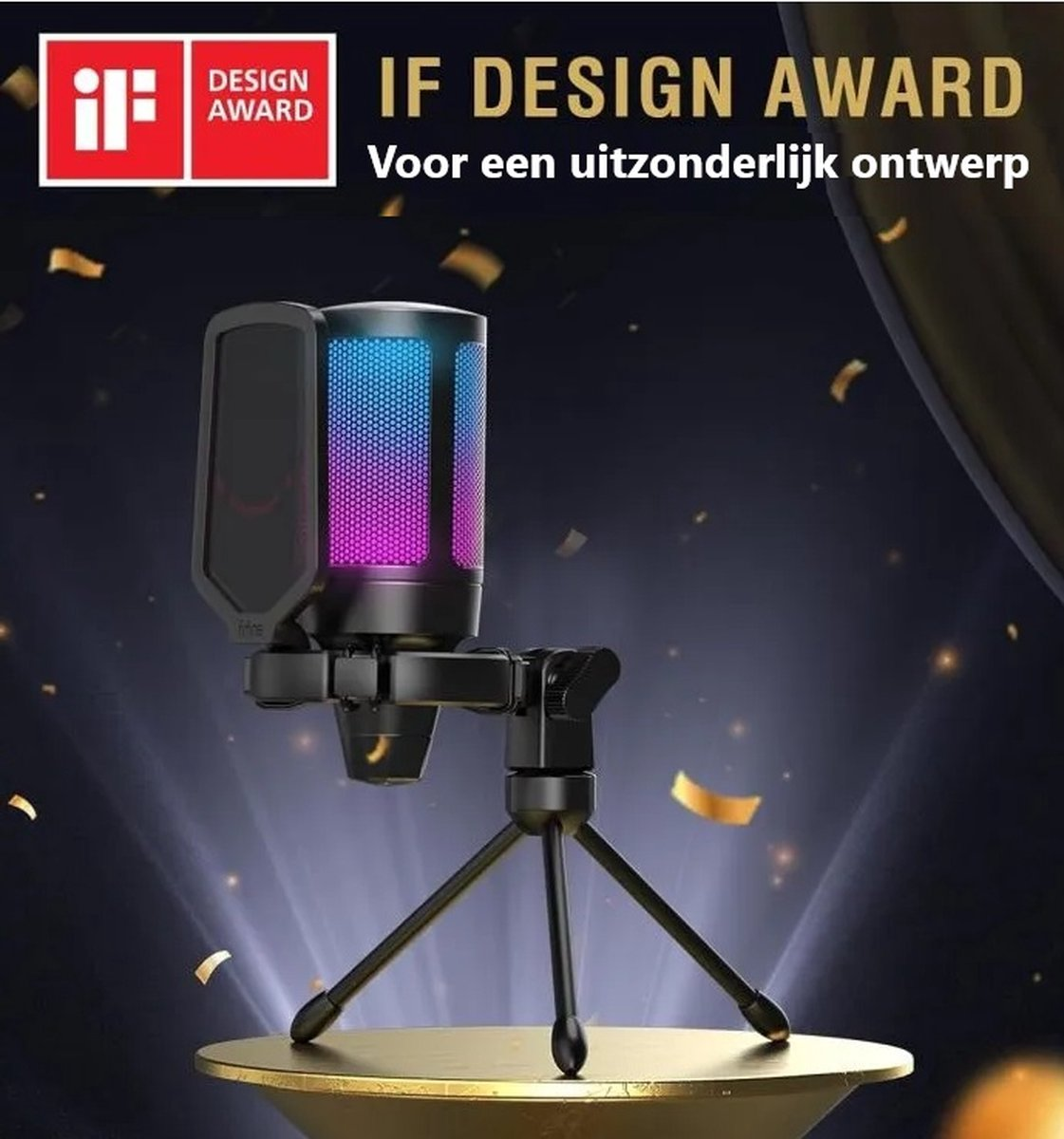 Un microphone avec éclairage RVB est posé sur un petit trépied, sur un socle doré. L'image est une publicité de récompense.