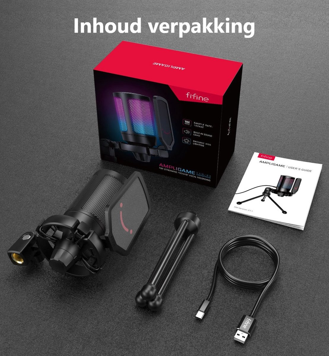 Une boîte avec un microphone, un guide d'utilisation, un support et un câble USB. La boîte indique 'fifine' et 'AMPLIGAME'.