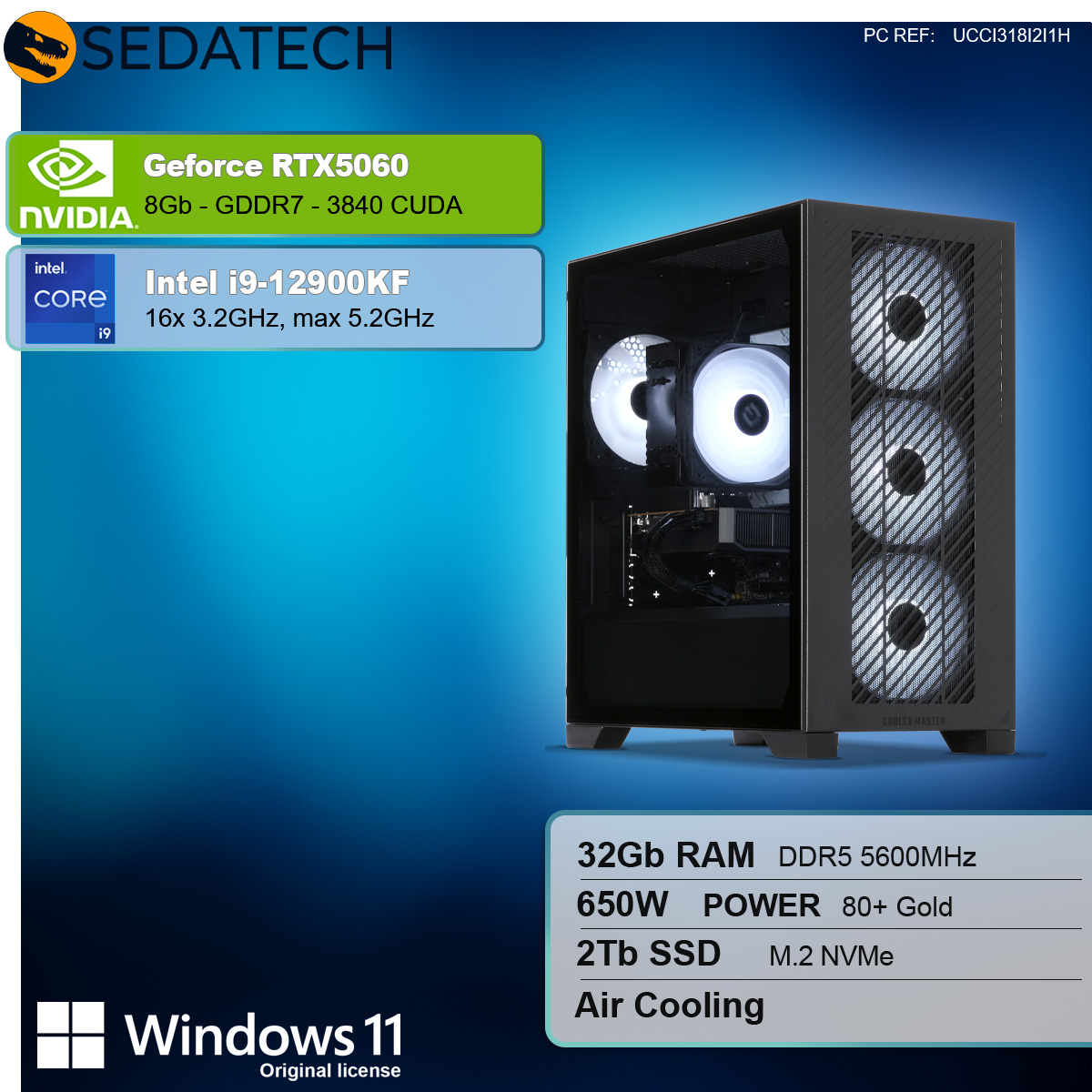 Un case per computer con un lato in vetro che mostra i componenti interni. Il testo mostra le specifiche: RTX5060, i9-12900KF, 32 GB di RAM, 2 TB SSD e Windows 11.