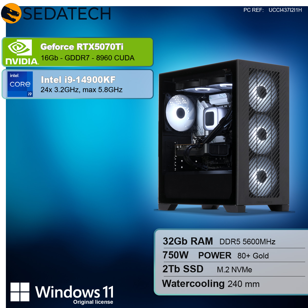 Un case per computer con componenti visibili, tra cui una scheda grafica e una CPU. Specifiche: RTX5070Ti, i9-14900KF, 32GB RAM, 2TB SSD e Windows 11.