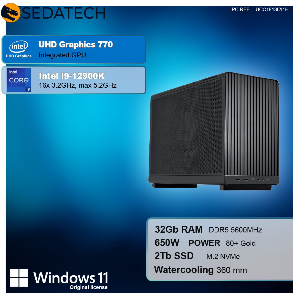 Czarna obudowa komputera, Intel Core i9, UHD Graphics 770, Windows 11 i specyfikacje sprzętowe na niebieskim tle.
