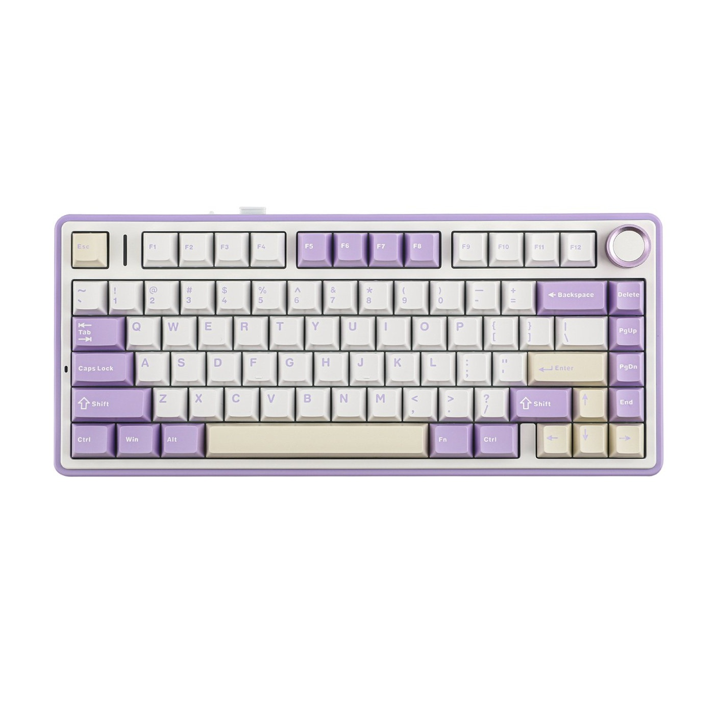 Eine Tastatur mit lila und weißen Tasten. Der Rahmen ist lila. Die Tasten umfassen Buchstaben, Zahlen und Funktionstasten.