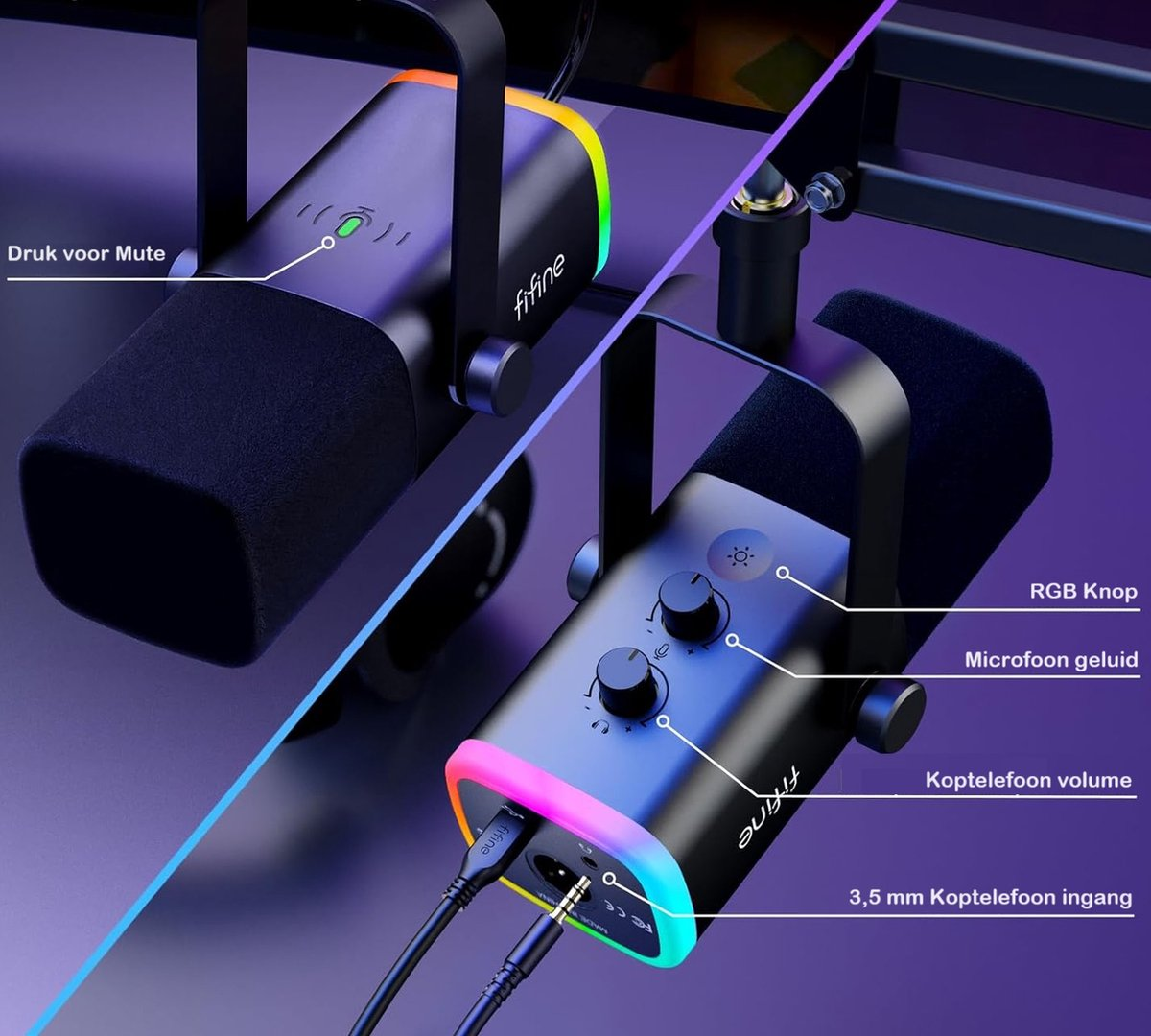 Twee zwarte microfoons met kleurrijke lichten, gelabeld met Nederlandse termen voor dempen, RGB en volumeregelaars.