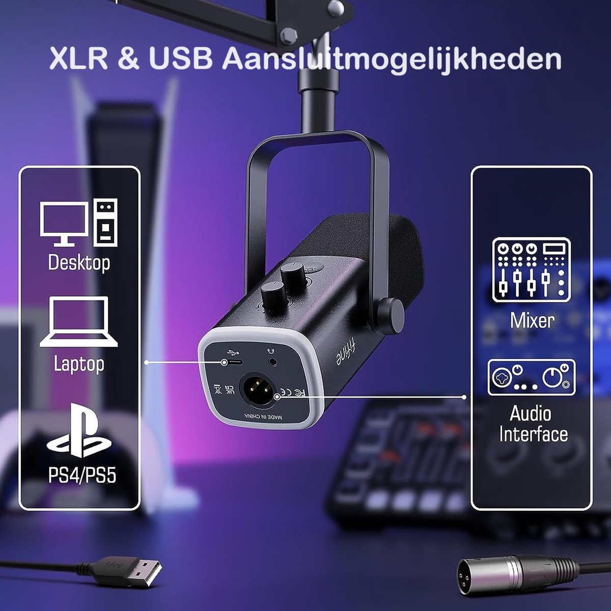 Een zwarte microfoon met XLR- en USB-aansluitingen, ondersteund door een standaard. Pictogrammen voor desktop, laptop, PS4/PS5, mixer en audio-interface worden getoond.