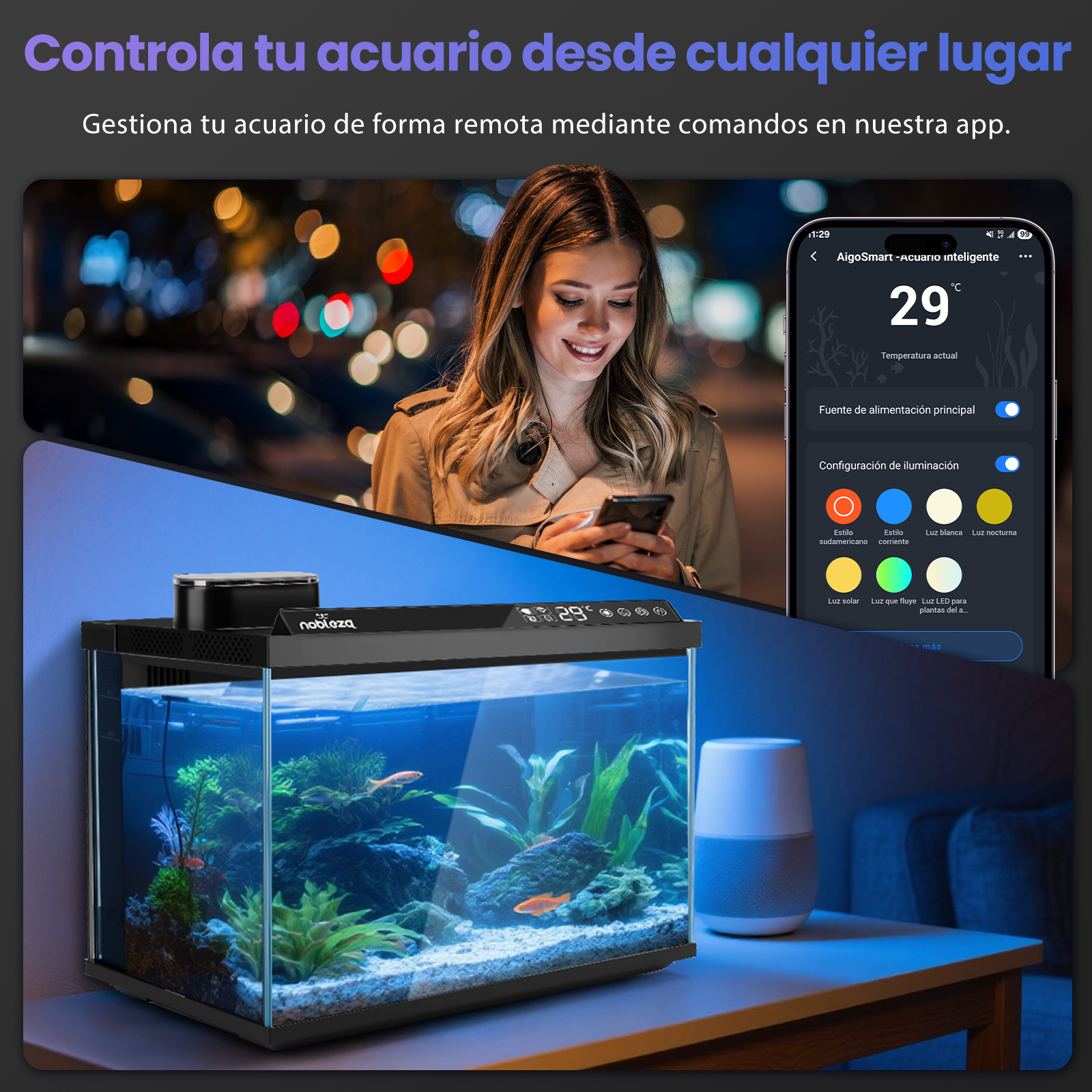 Una mujer usa su teléfono para controlar una pecera, mostrando la temperatura. La pecera tiene peces y plantas. Un altavoz inteligente está cerca.