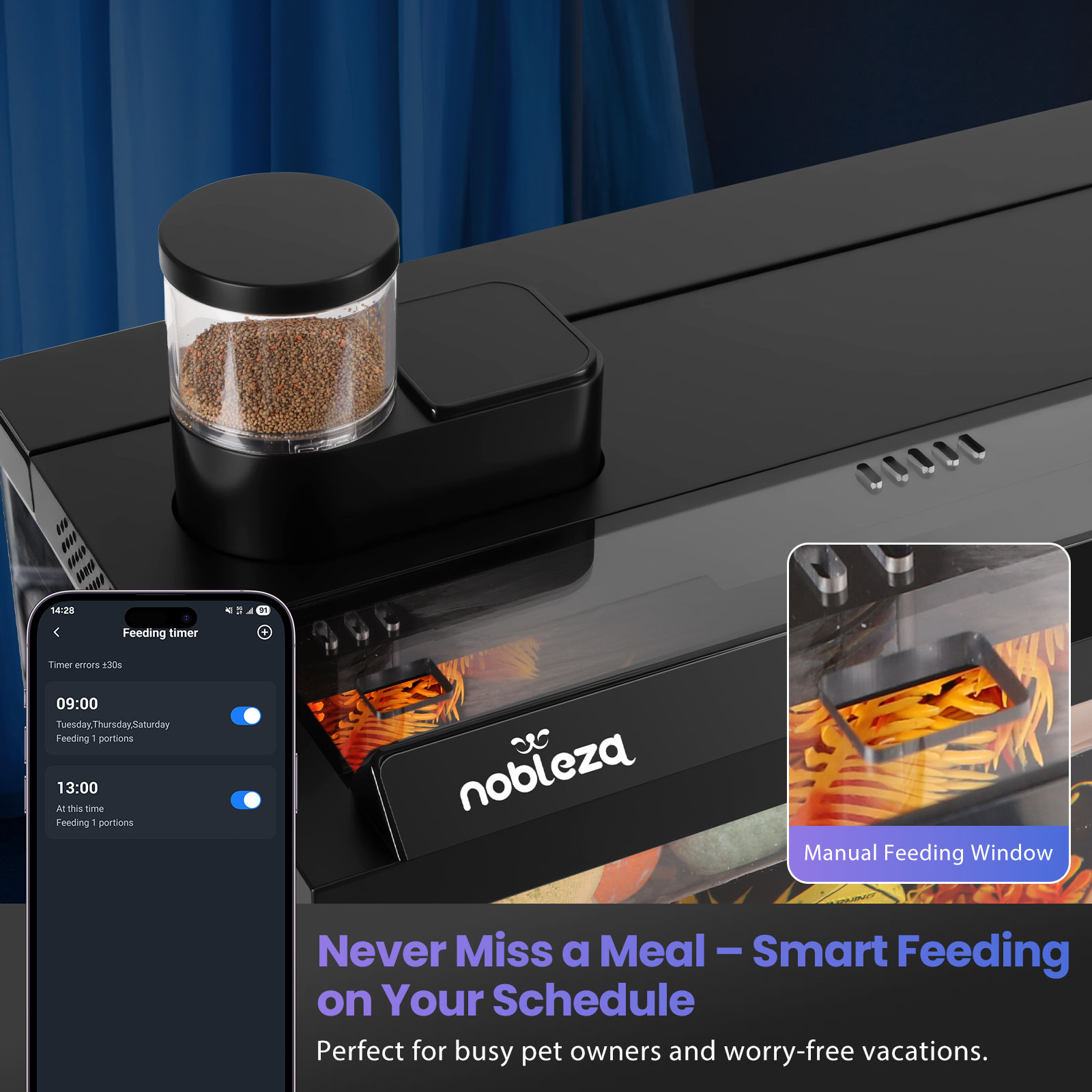 Comedero automático negro para mascotas con comida. Un teléfono muestra ajustes del temporizador. Texto: Nunca te pierdas una comida - Alimentación inteligente.