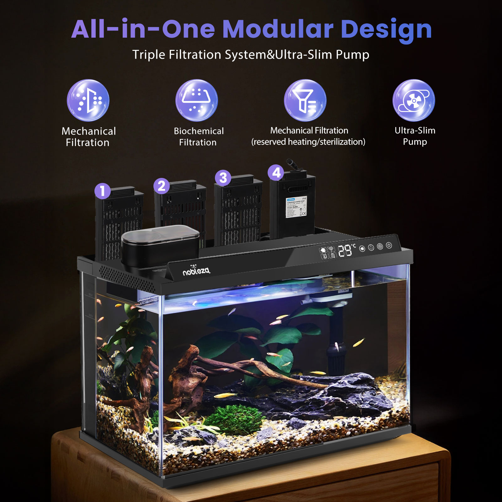Acuario con sistema de filtración. Tiene peces, plantas y una pantalla digital. El fondo es oscuro.