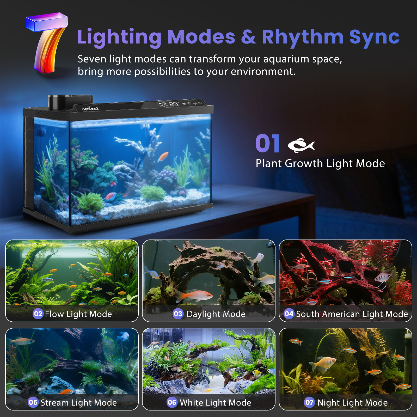 Un acuario con siete modos de iluminación. Los tanques pequeños muestran diferentes efectos de iluminación. Peces de colores nadan.