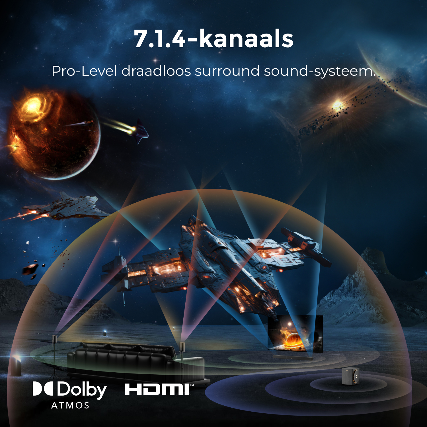 Une scène futuriste avec des vaisseaux spatiaux, des planètes et une configuration home cinéma avec des enceintes et une télévision. Le texte dit 7.1.4-kanaals.