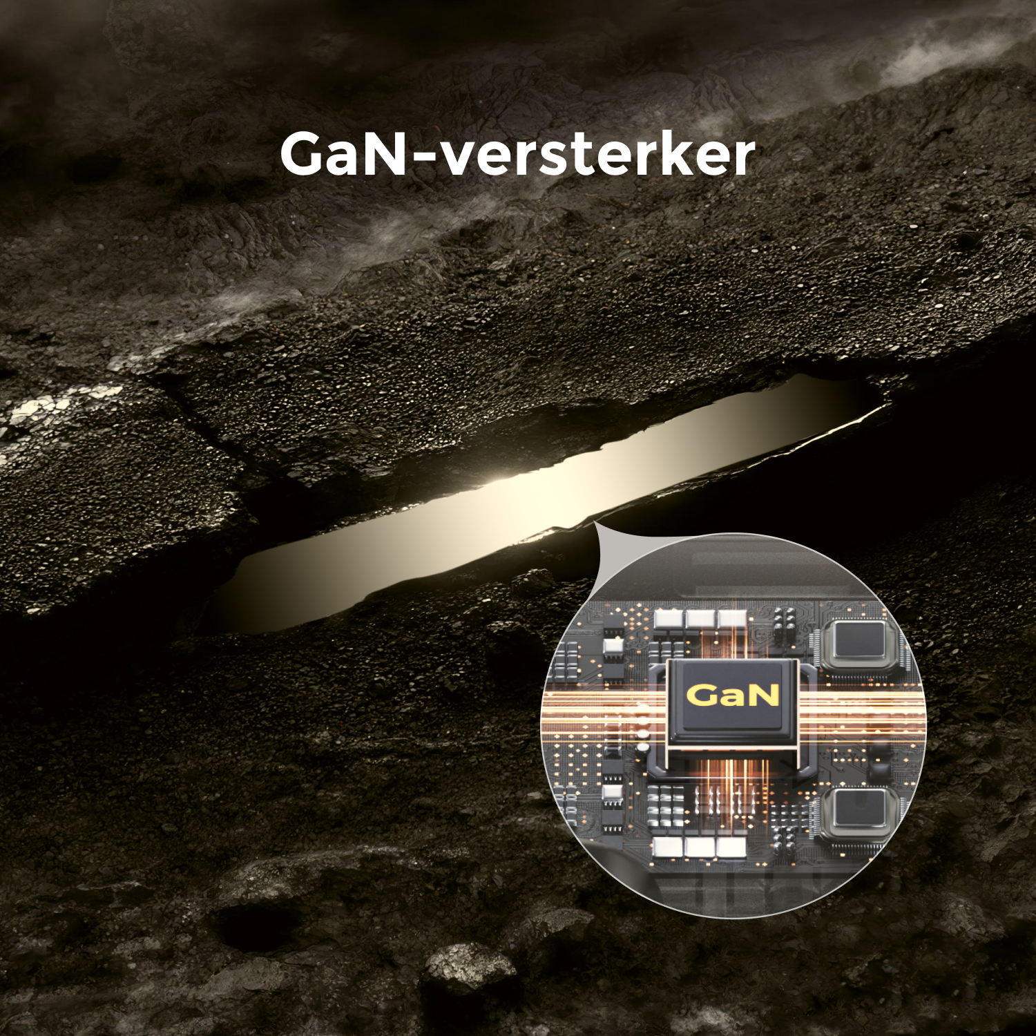 L'image montre une surface fissurée avec effet de projecteur et un circuit agrandi avec le texte "GaN".