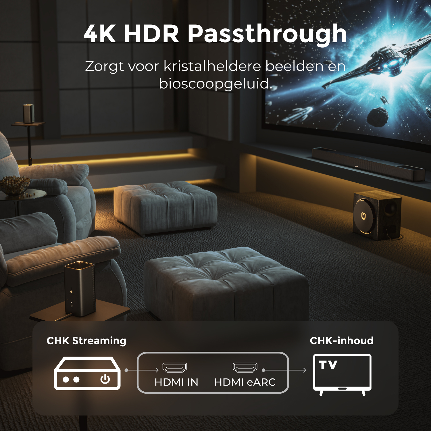 Living room with a large TV displaying a spaceship. There are two armchairs, ottomans, and a sound system. Text: 4K HDR Passthrough.
