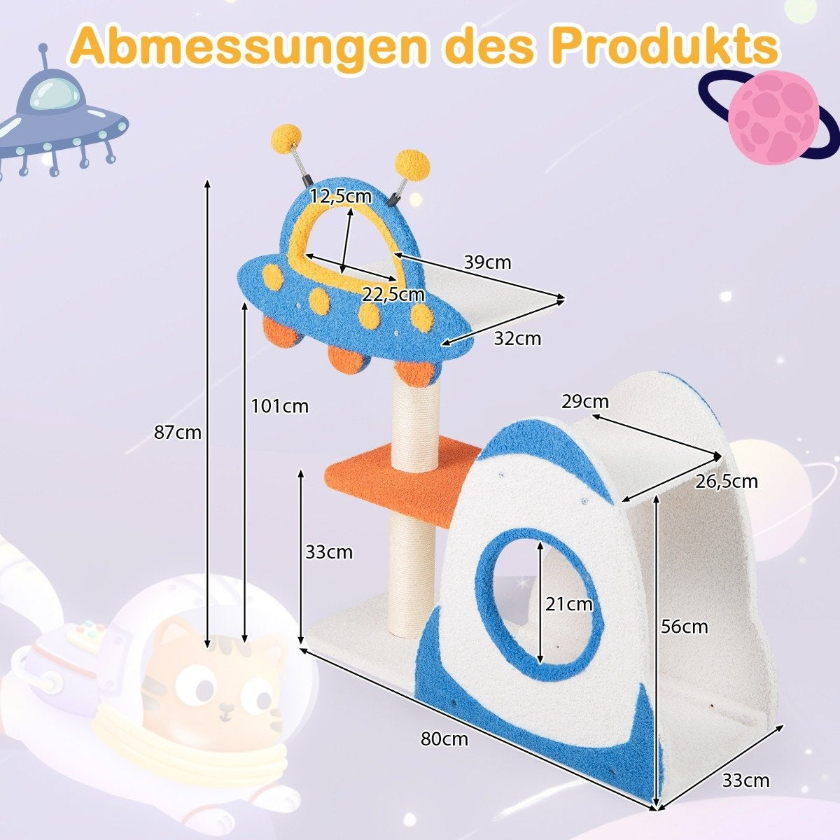 Árbol para gatos con tema espacial. Estructura de cohete azul y blanco. También se representa un gato con traje espacial. Se incluyen dimensiones.