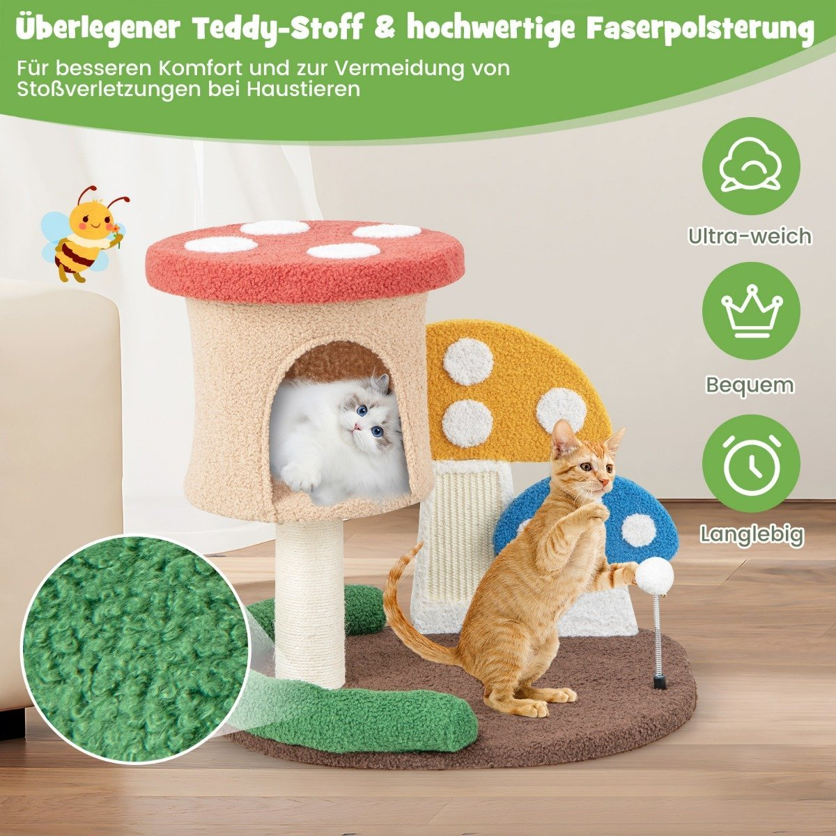 Un árbol para gatos con forma de setas con dos gatos. Un gato naranja está jugando, el otro gato blanco está dentro de la casa seta.