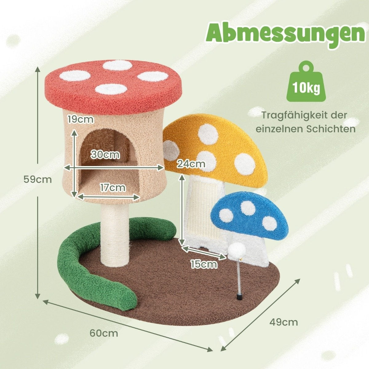 Árbol para gatos con forma de setas. Formas de setas rojas, amarillas y azules. Colores verde, marrón y beige. Dimensiones mostradas con flechas.