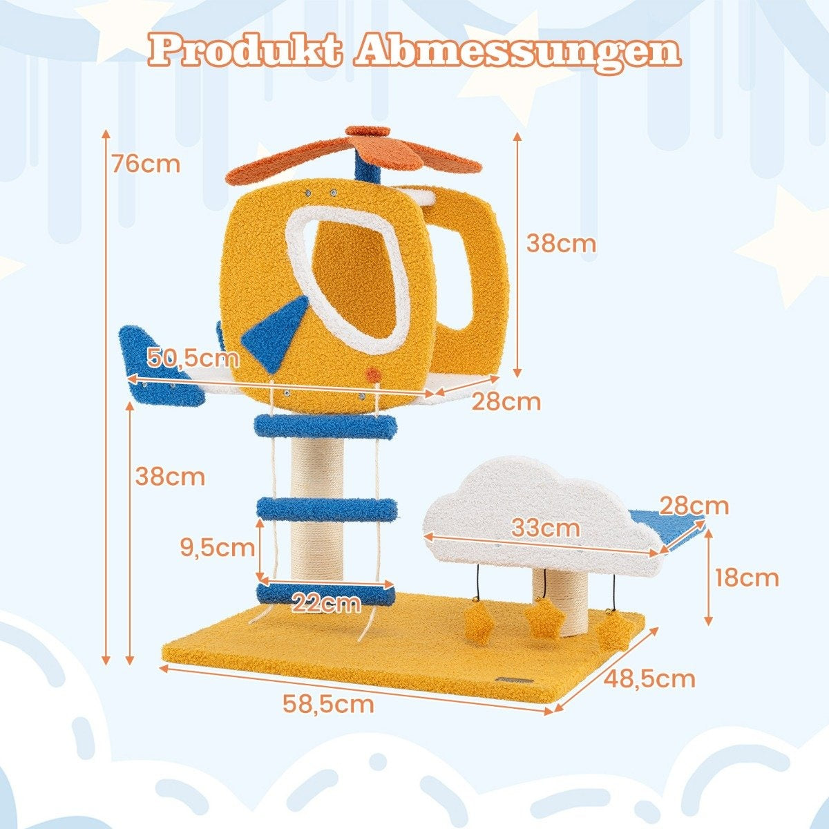 Un árbol para gatos con forma de helicóptero y una nube. Tiene medidas en cm. Los colores principales son amarillo, azul y blanco.
