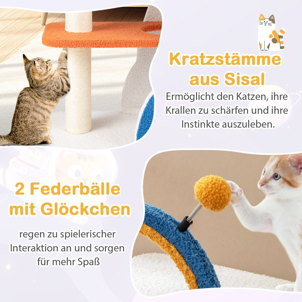Un gato juega en un árbol para gatos. El árbol es naranja y blanco, con un poste rascador de sisal. También hay dos bolas de plumas.