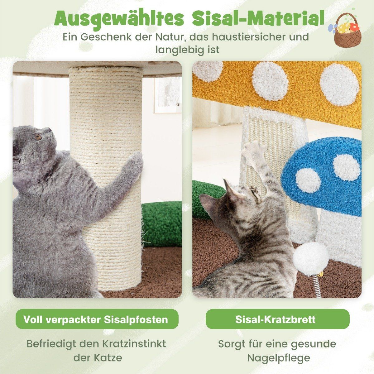 Dos gatos interactuando con rascadores de sisal. Un gato rasca un poste, el otro juega con un rascador en forma de hongo.