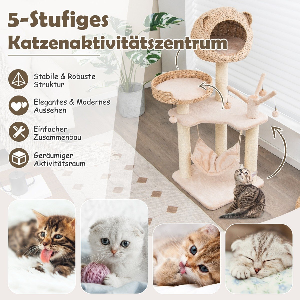 Árbol para gatos con postes rascadores, hamaca y múltiples plataformas. Debajo se muestran cuatro gatitos. El texto en alemán describe el producto.