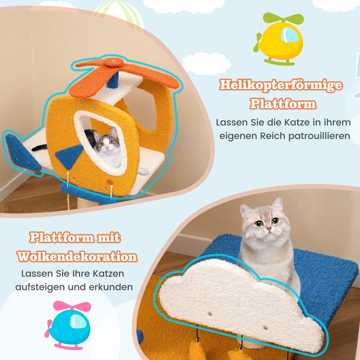 Un gato en un árbol para gatos amarillo en forma de helicóptero, con una cama en forma de nube. El texto en alemán promociona el producto.