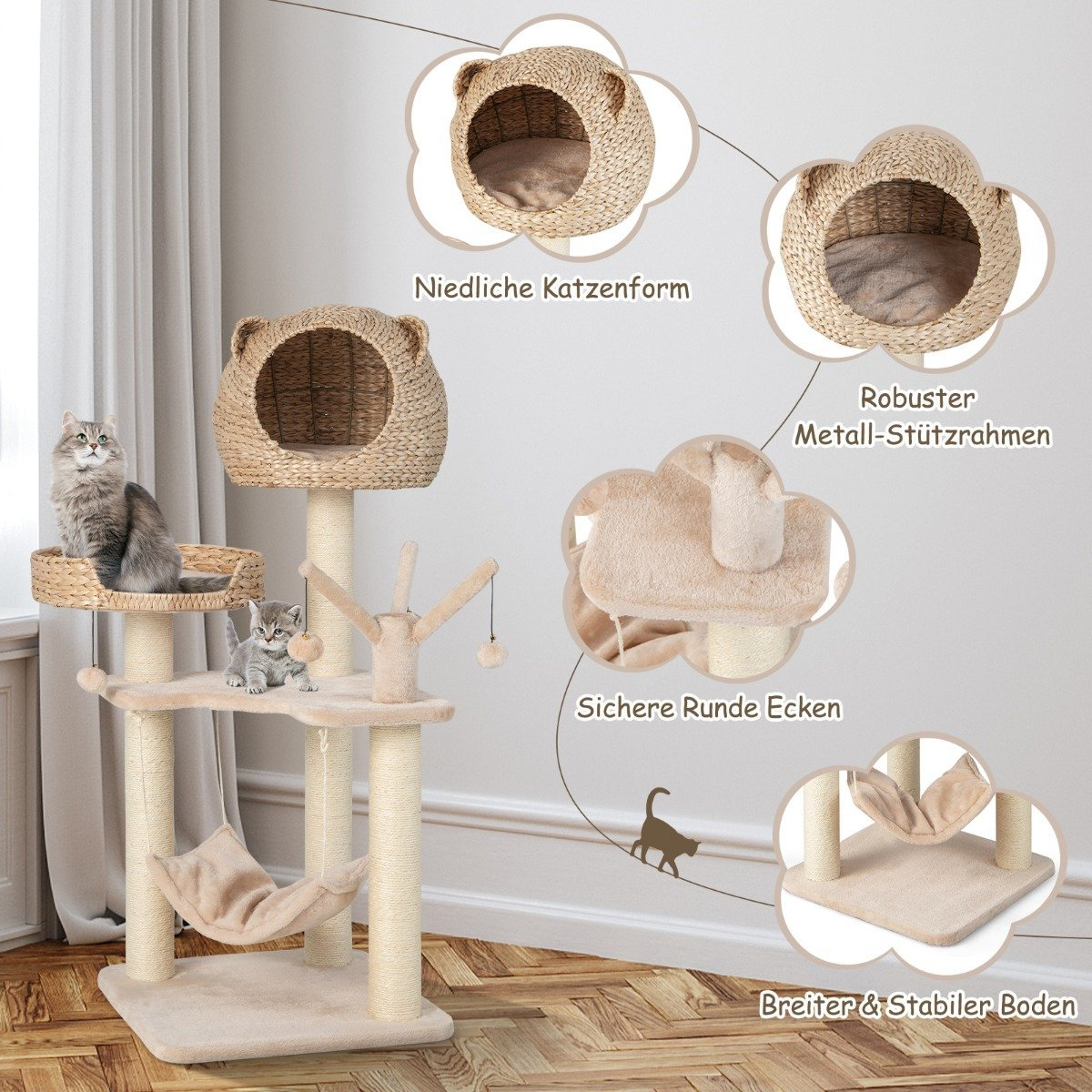 Un árbol para gatos con dos gatos. Tiene varios niveles, una hamaca y un rascador. El árbol es beige.