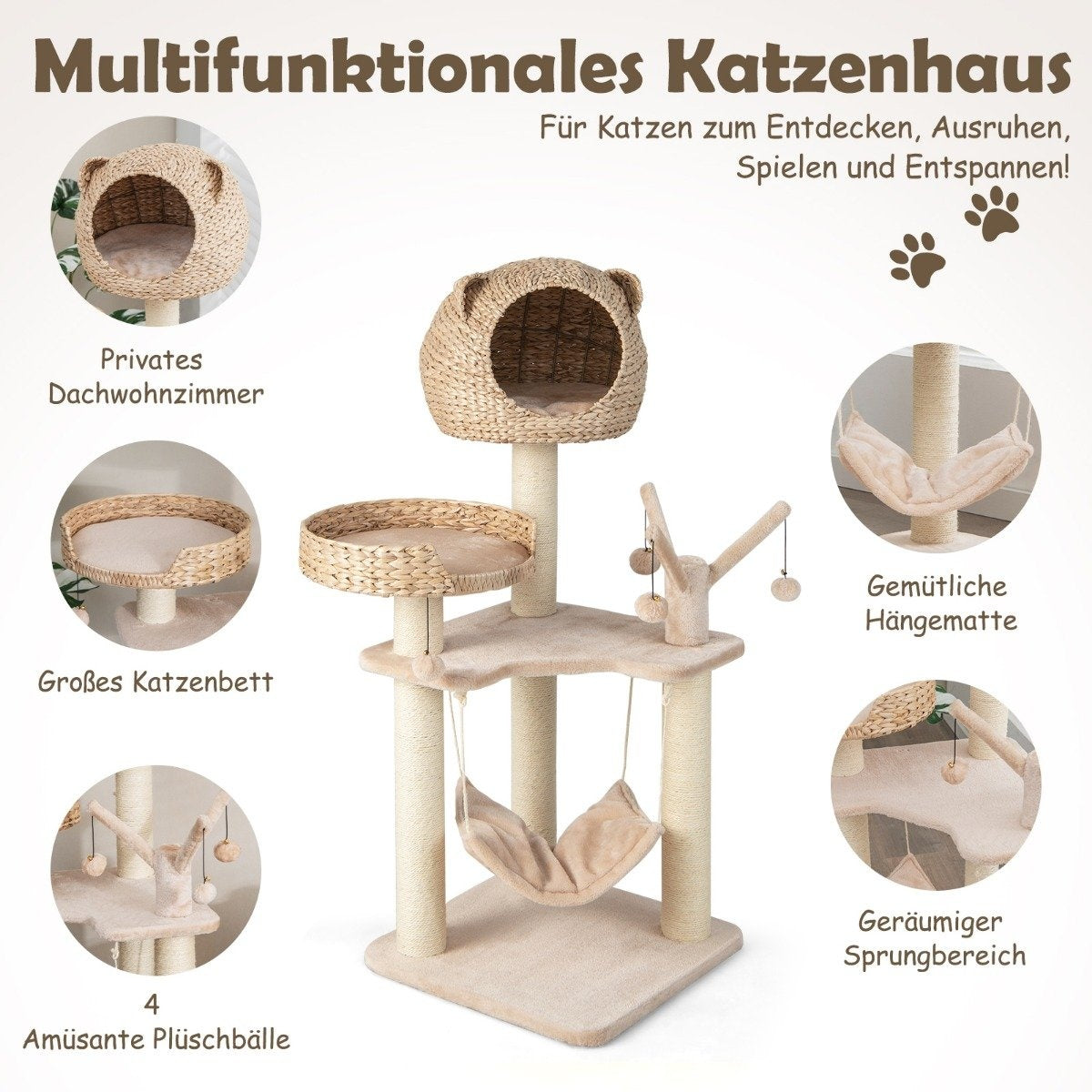 Un árbol para gatos beige con múltiples niveles, una casa para gatos, una hamaca, postes para rascar y juguetes colgantes. Texto en alemán.