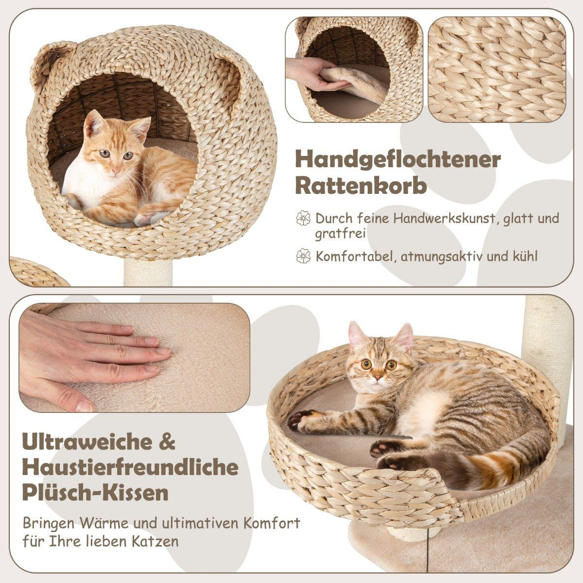 Un gato en una cama para gatos tejida. La cama está sobre un soporte. El texto describe la cama como tejida a mano y cómoda.