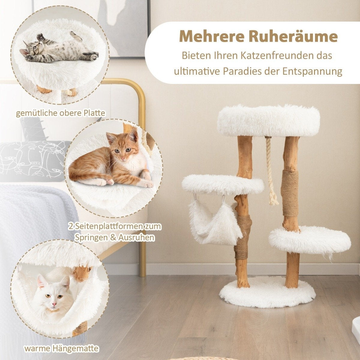 Un árbol para gatos con múltiples niveles y superficies esponjosas. Los gatos se relajan en plataformas y en una hamaca.