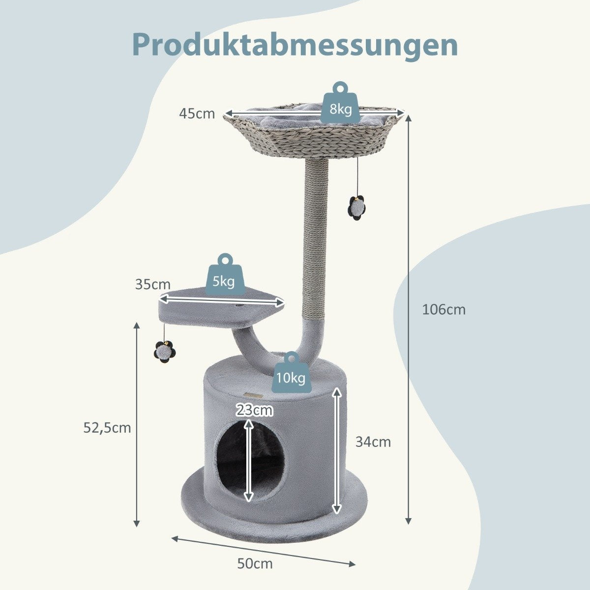 Un árbol para gatos gris con dimensiones etiquetadas. Tiene una cesta, una plataforma y un condominio. Se muestran los pesos.