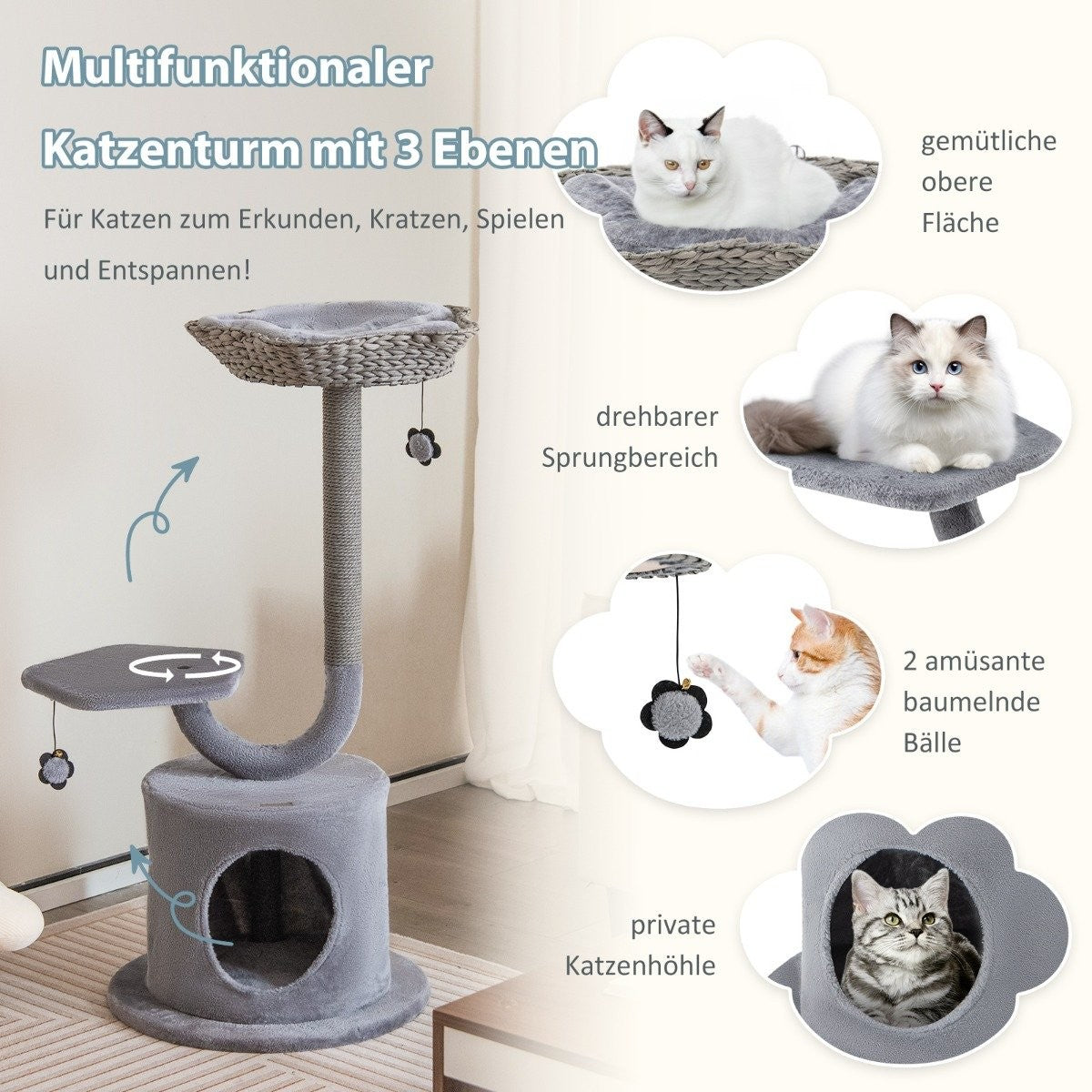 Árbol para gatos con tres niveles, varios gatos en diferentes niveles. El árbol incluye una parte superior acogedora, un área de salto y juguetes colgantes.