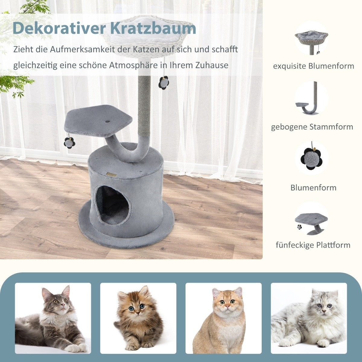 Un árbol para gatos gris con múltiples niveles y postes para rascar, cuatro fotos de gatos abajo.