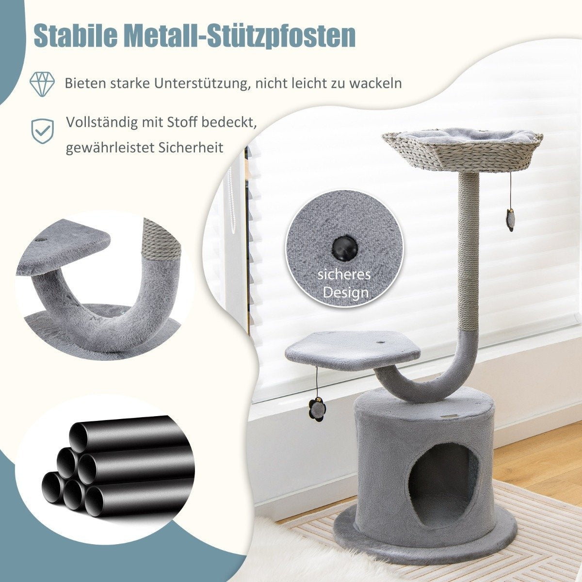 Un árbol para gatos gris con múltiples niveles y un poste rascador. Cuenta con una base circular, una casa para gatos y una percha en la parte superior.