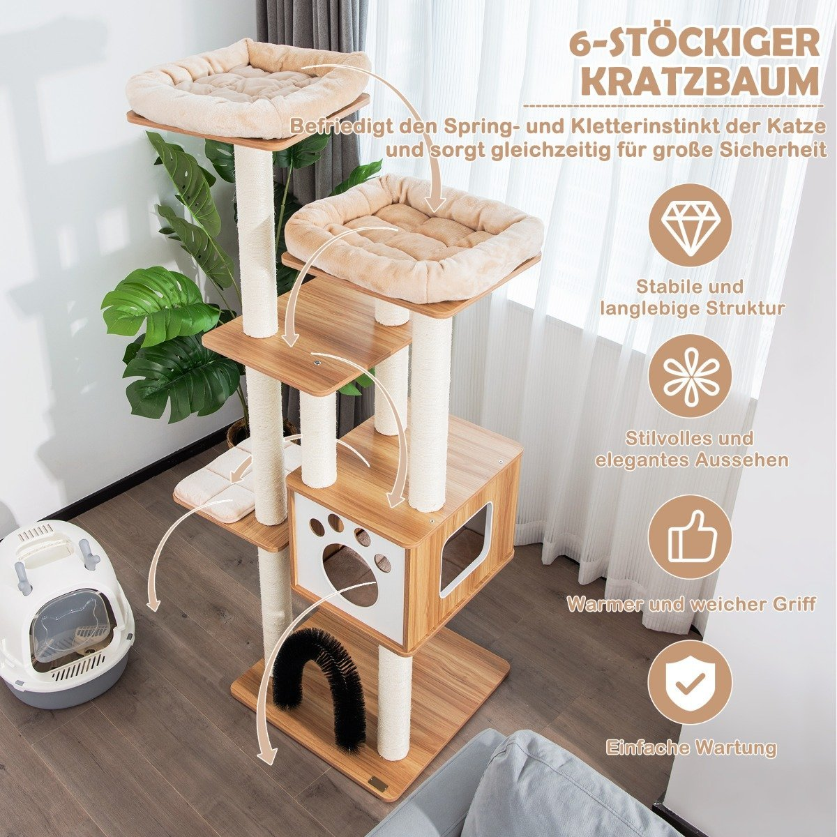 Árbol para gatos con múltiples plataformas, postes rascadores y una caja de arena. Los colores beige y marrón dominan la escena.